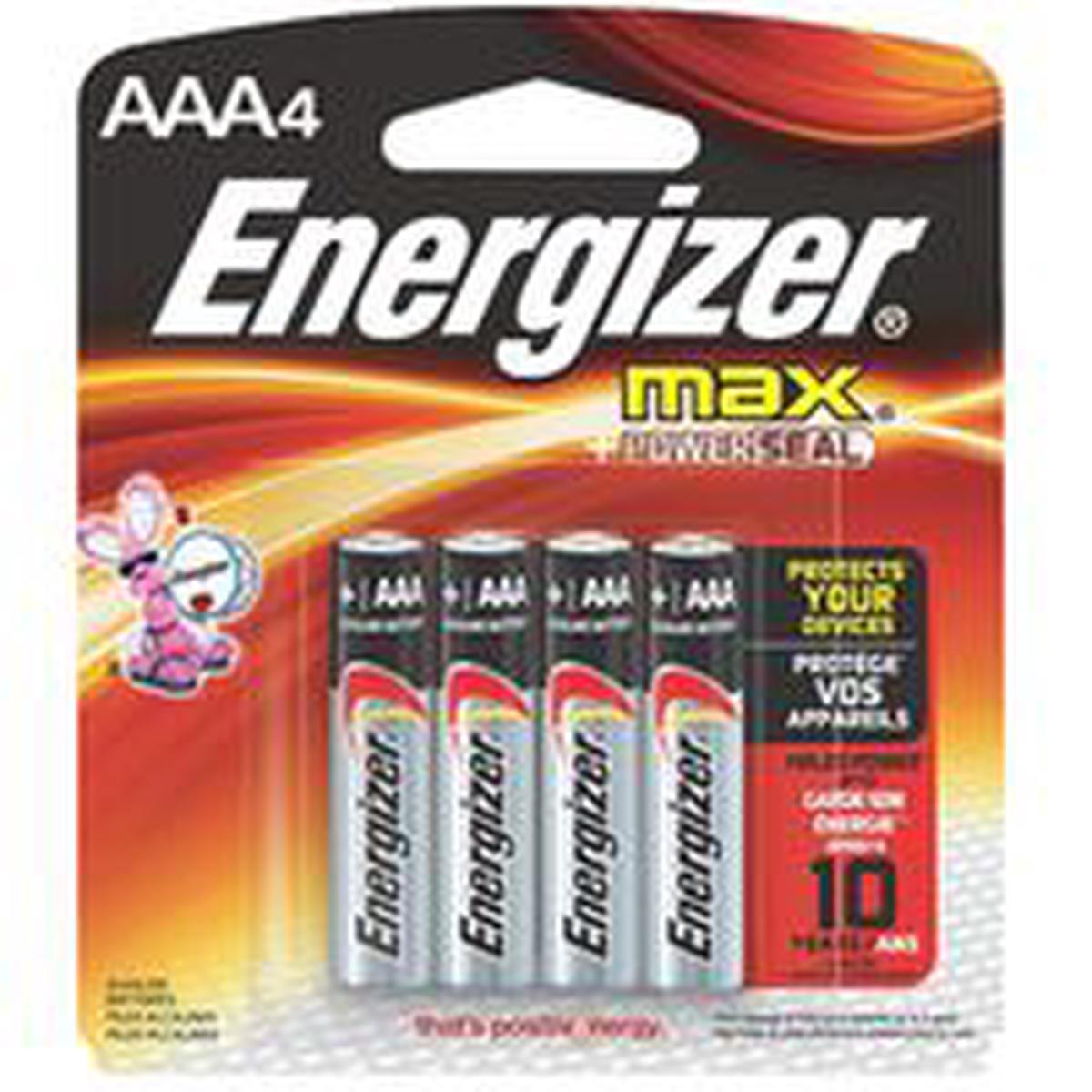 Energizer 1.5V AAA Alkaline Battery, 1250 mAh, 4 Pack (E92BP-4)