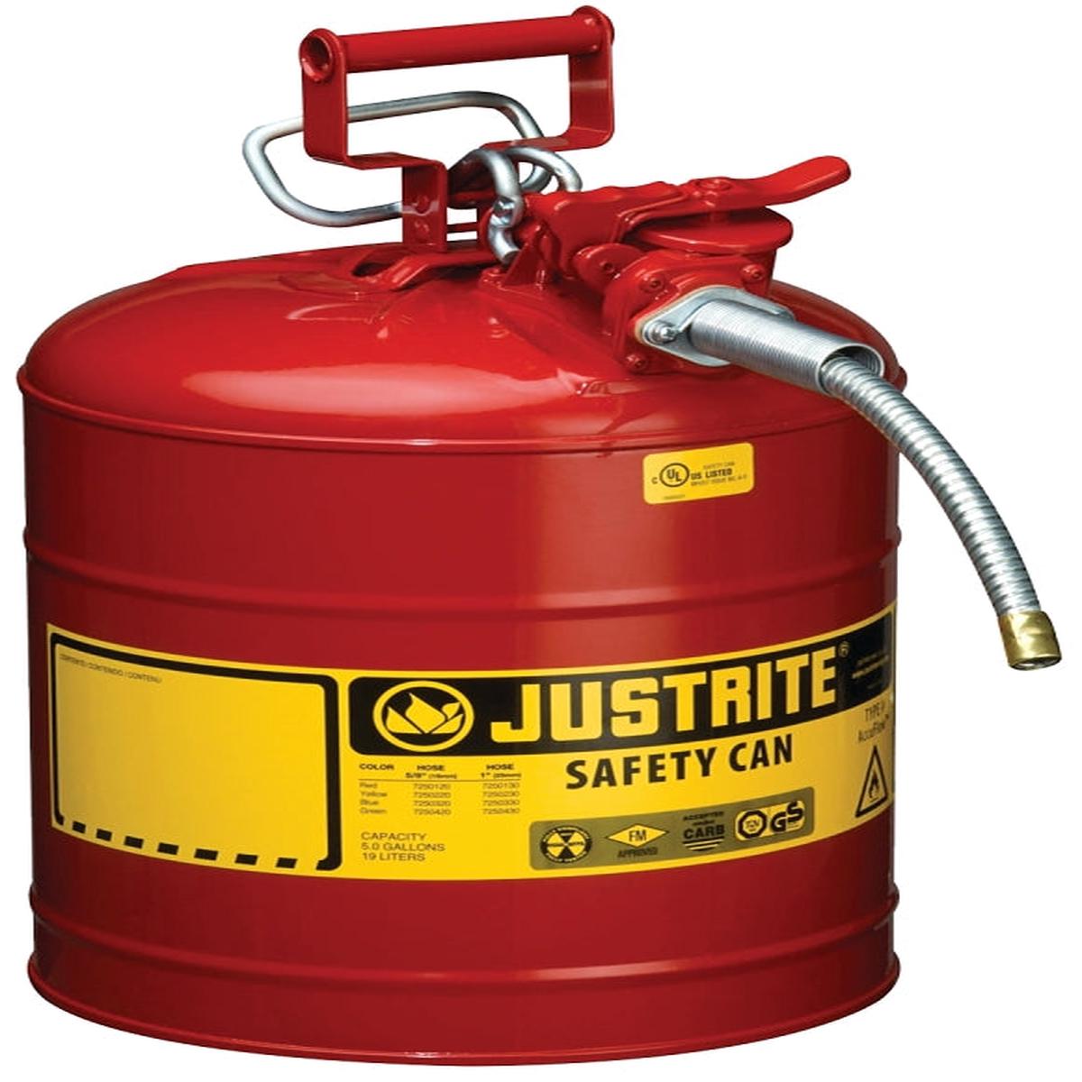 Justrite Safety Can, 5 Gal, Steel, Red, 11-3/4 in Dia, 17-1/2 in OAH (7250120)