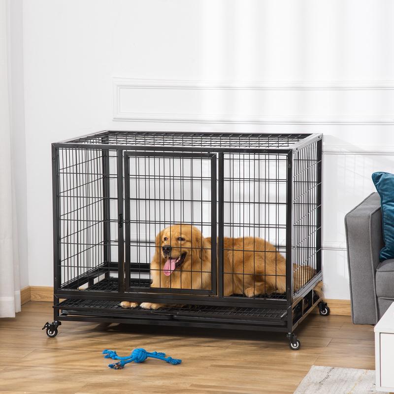 PawHut 43″ Heavy Duty Metal Dog Crate Pet Cage with Tray Wheeled Dog Kennel – Black Large