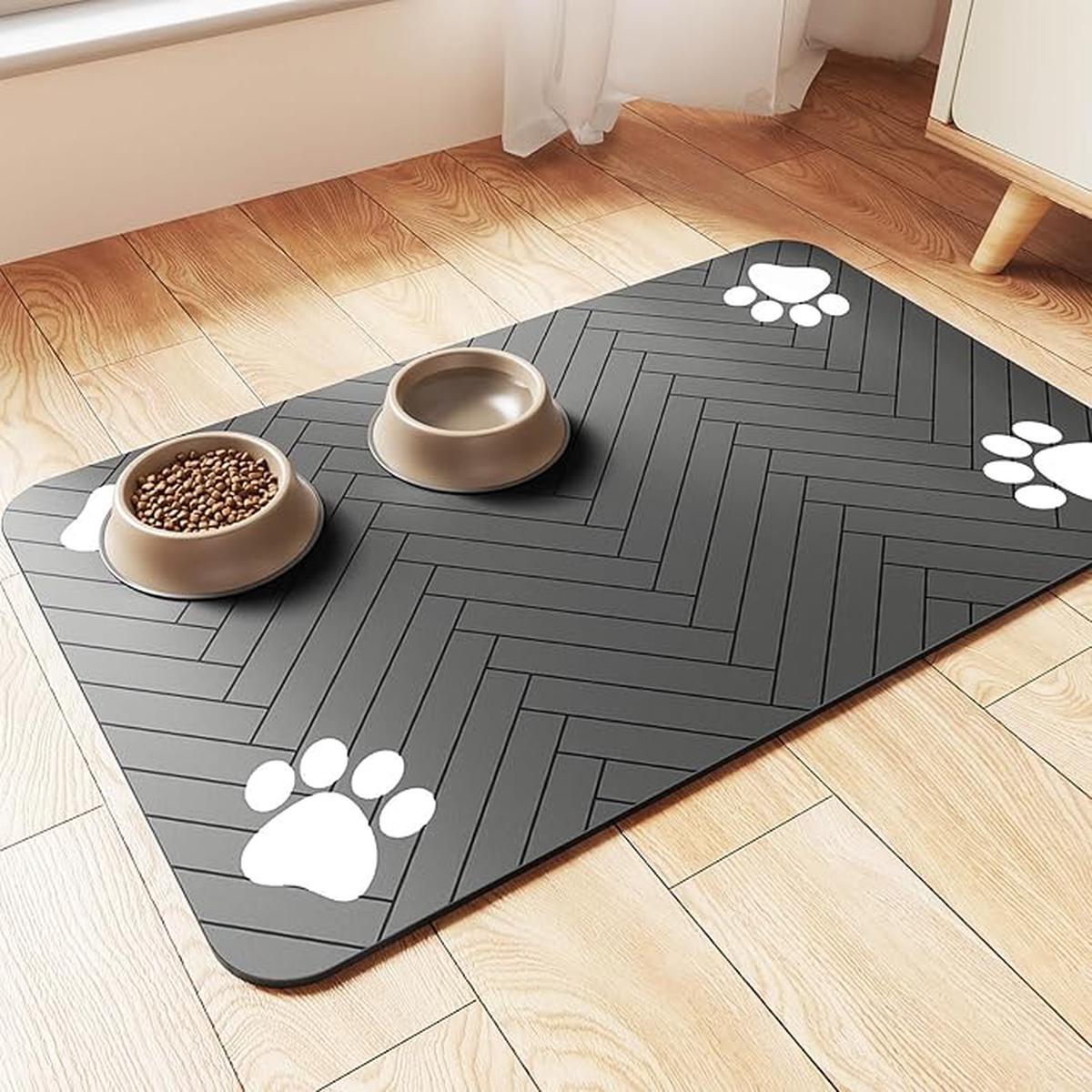 Pet Feeding Mat  Absorbent Waterproof Placemat for Dog & Cat Bowls (2012), QuickDry, Rubber Backing  Striped Dark Gray