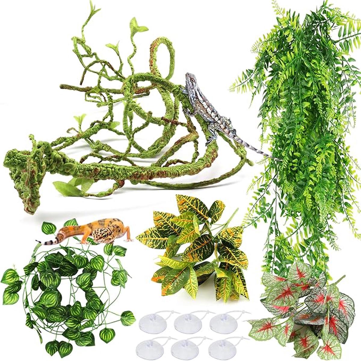 Reptile Hanging Plant Vines  Artificial Leaves Terrarium Decoration and Hide for Leopard Gecko, Bearded Dragon, Lizard, Snake and Chameleon Tank