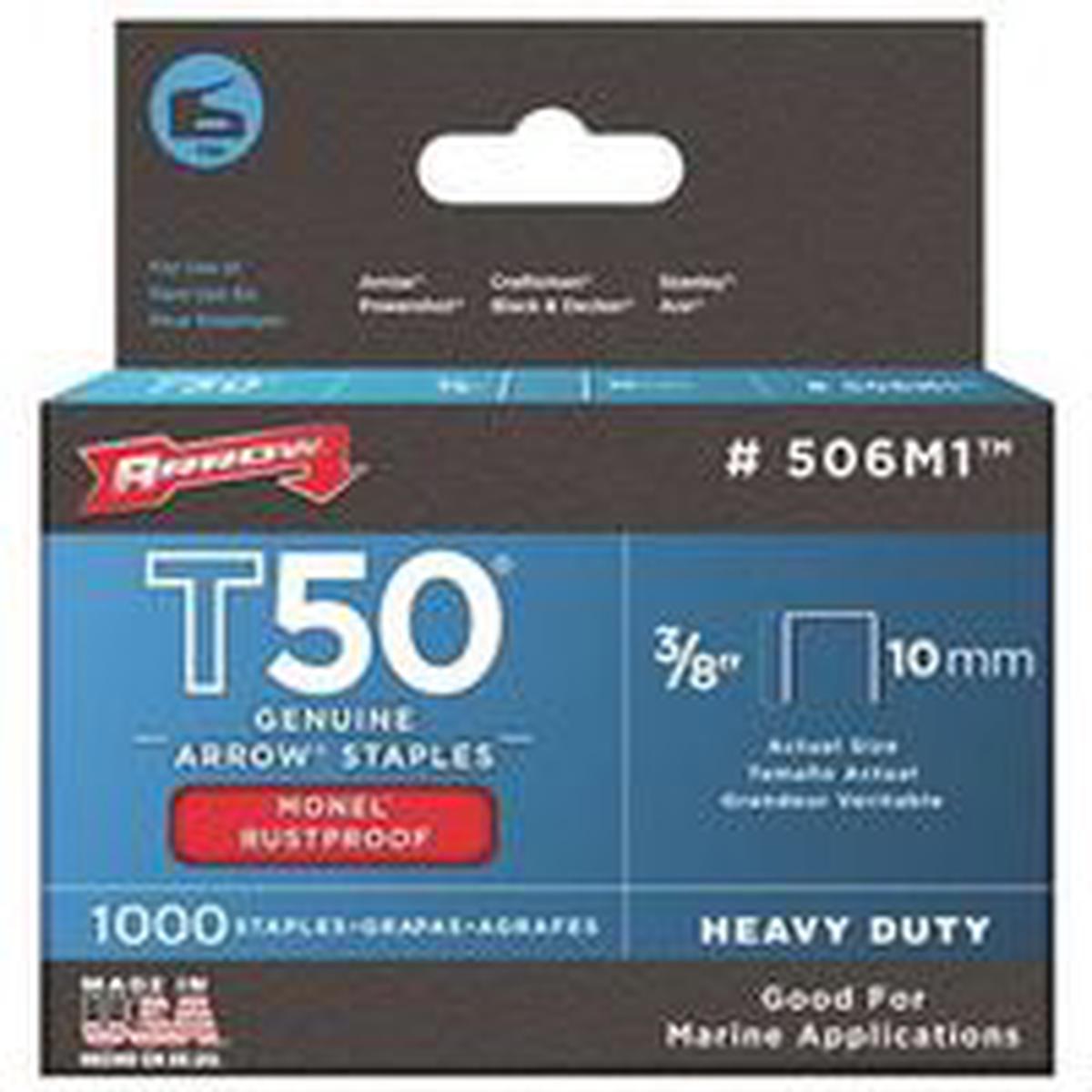Arrow T50 3/8″ Staples, 1000PK, Monel Staple, 3/8 in W Crown, 3/8 in L Leg (506M1)