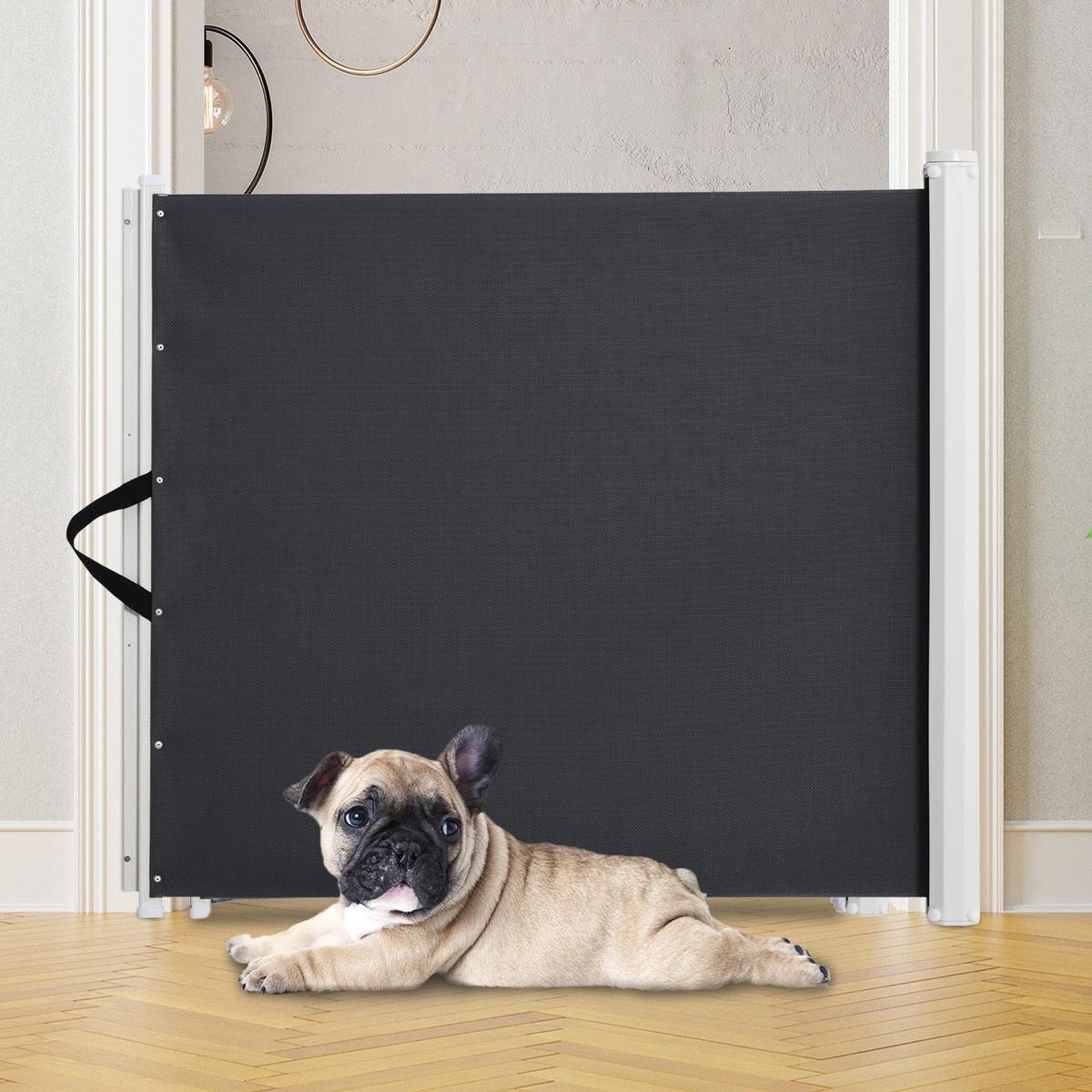 PawHut Retractable Safety Gate Dog Pet Barrier Folding Protector Home Doorway Room Divider Stair Guard Grey 115L x 82.5H cm