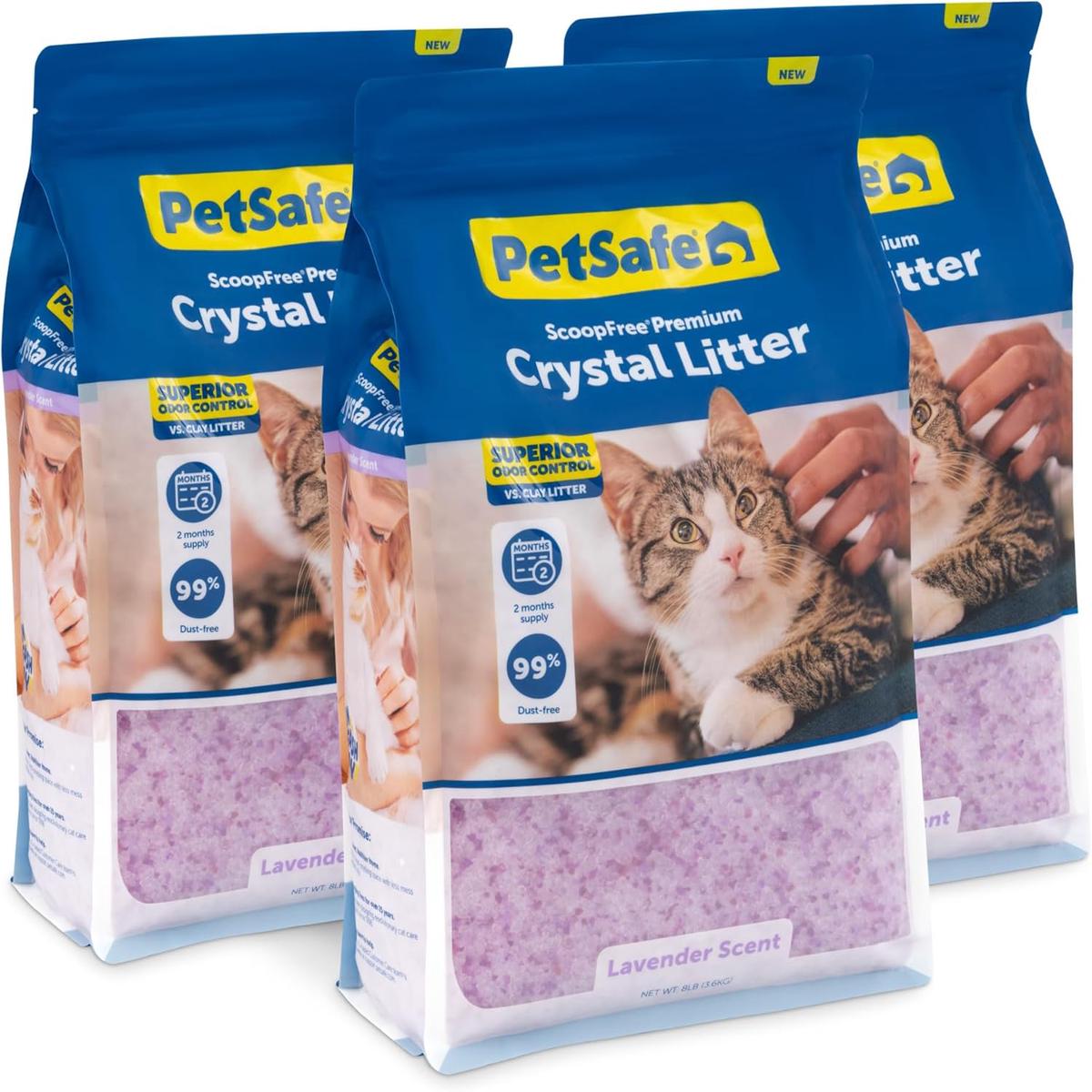 PetSafe ScoopFree Premium Crystal Cat Litter – Ultra-Absorbent Silica Universal Litterbox Crystals – Non-Clumping Odor Control – Lavender Scent – 8 lb Bag – 3 Pack – 3 Bags (8 lb each) | Lavender