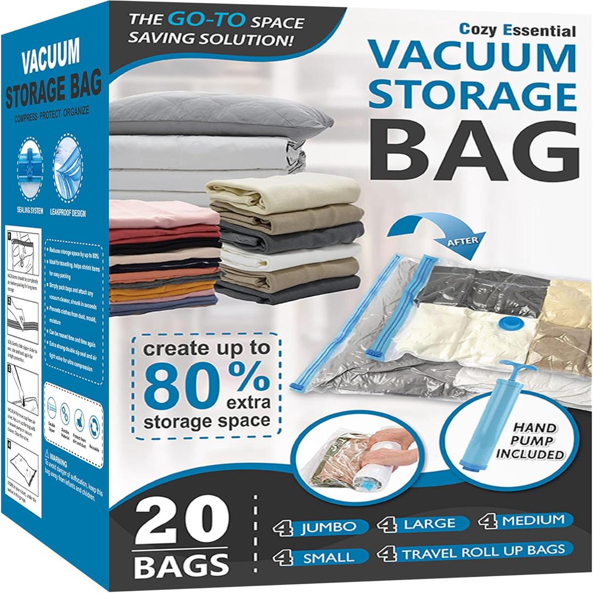 20 Pack Vacuum Storage Bags, Space Saver Bags (4 Jumbo/4 Large/4 Medium/4 Small/4 Roll) Compression for Comforters and Blankets, Sealer Clothes Storage, Hand Pump Included – 20 Pack
