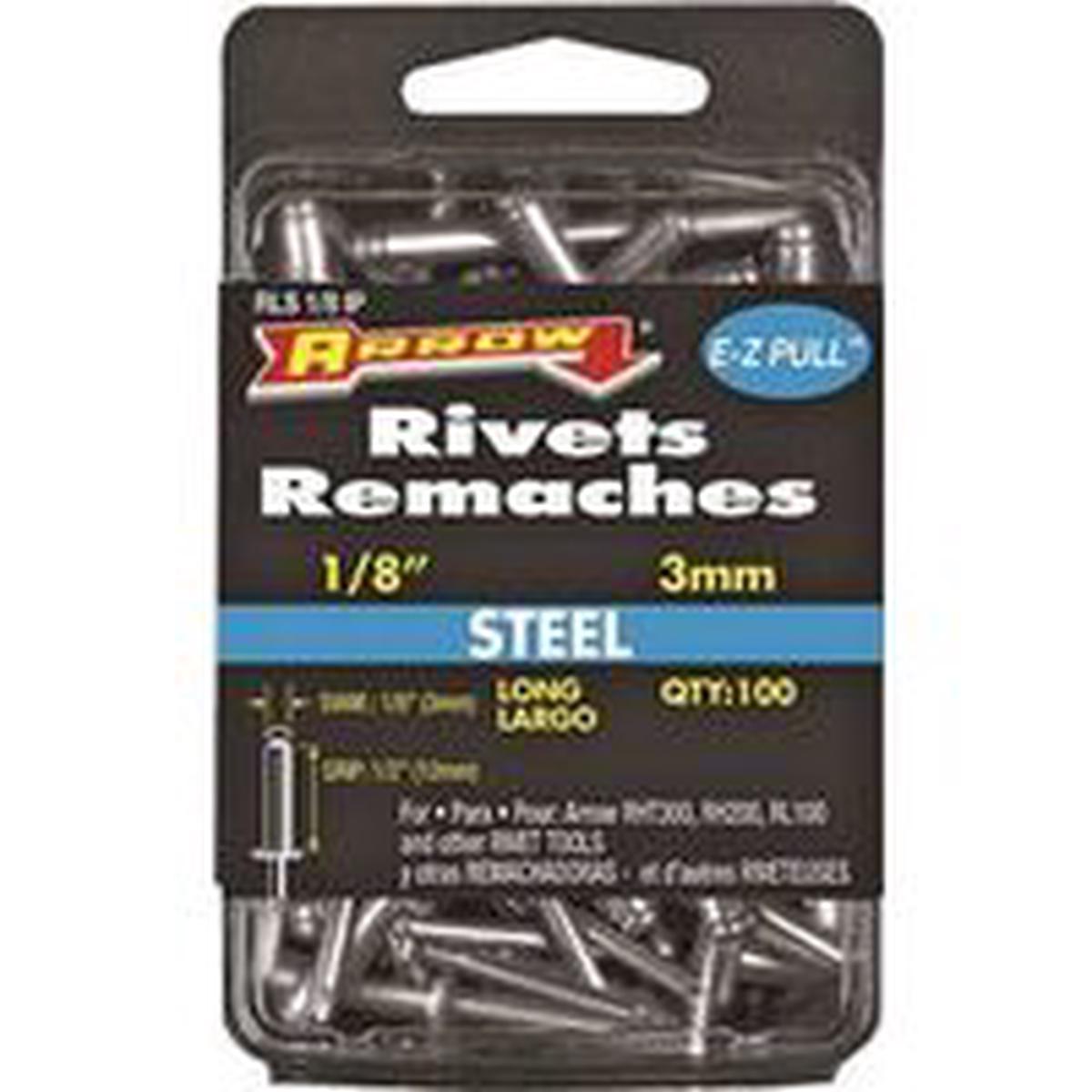 Arrow Pop Rivet, Long, 1/2 in Grip, 1/2 in L, Steel, 100/PK (RLS1/8IP)