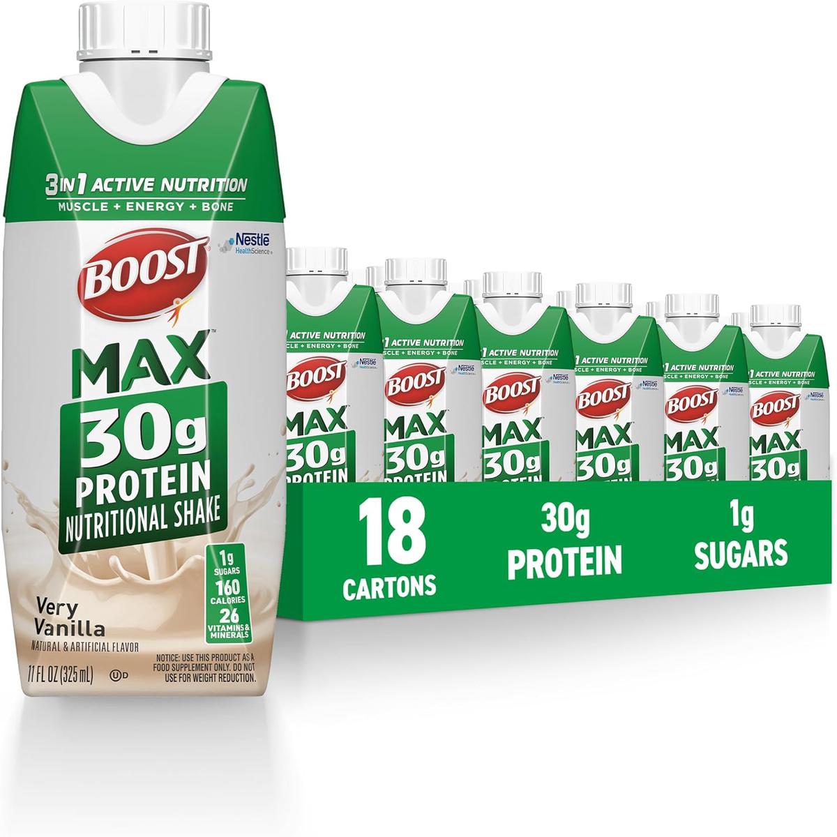 BOOST MAX Protein Shakes Ready to Drink – 30g High Protein Shake – Vanilla | Nutritional Drinks to Support Muscle Recovery After Exercise, 26 Vitamins & Minerals, 1g Sugar, 11 fl oz (Pack of 18) – Van