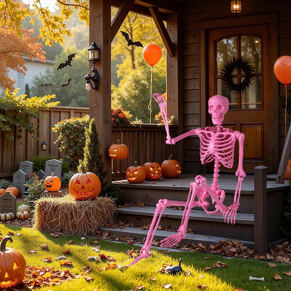 Costway 5.5 FT Poseable Halloween Skeleton Life-Size Decoration with Movable Joints Pink – 5.4 FT | Pink