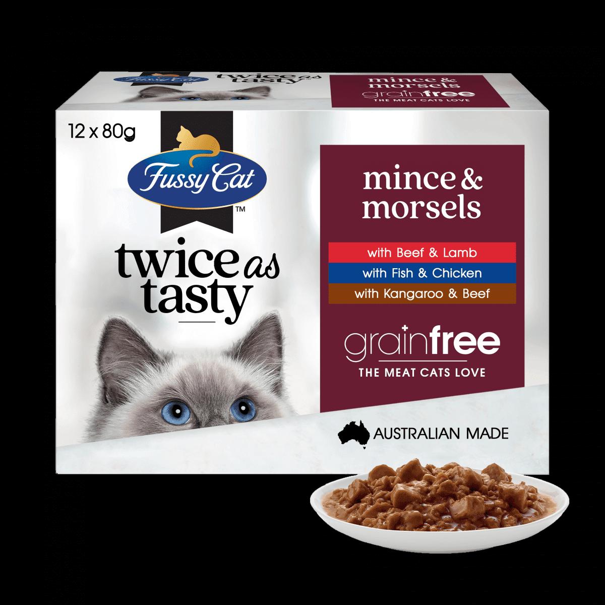 Fussy Cat – Twice as Tasty Mince & Morsels Wet Cat Food 80g x 12 (Contains three flavors)