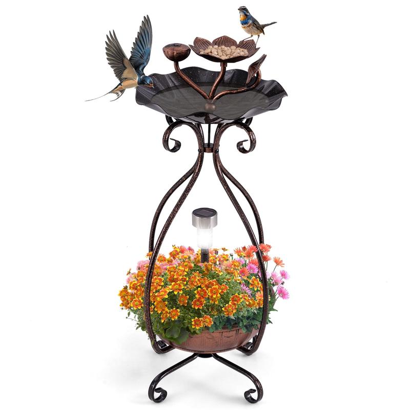 Solar Bird Bath Feeder, Planter Pedestal With Lights, Copper