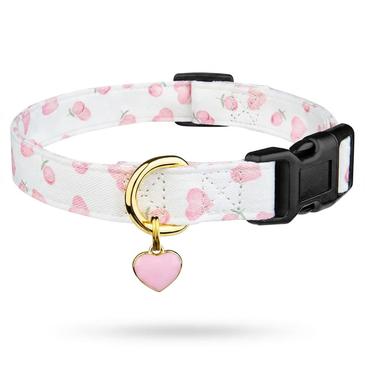 Cotton Handmade Dog Collar,Dog Collar For Puppy – White & Pink Love Heart Design with Pendant for Small & Medium Dogs