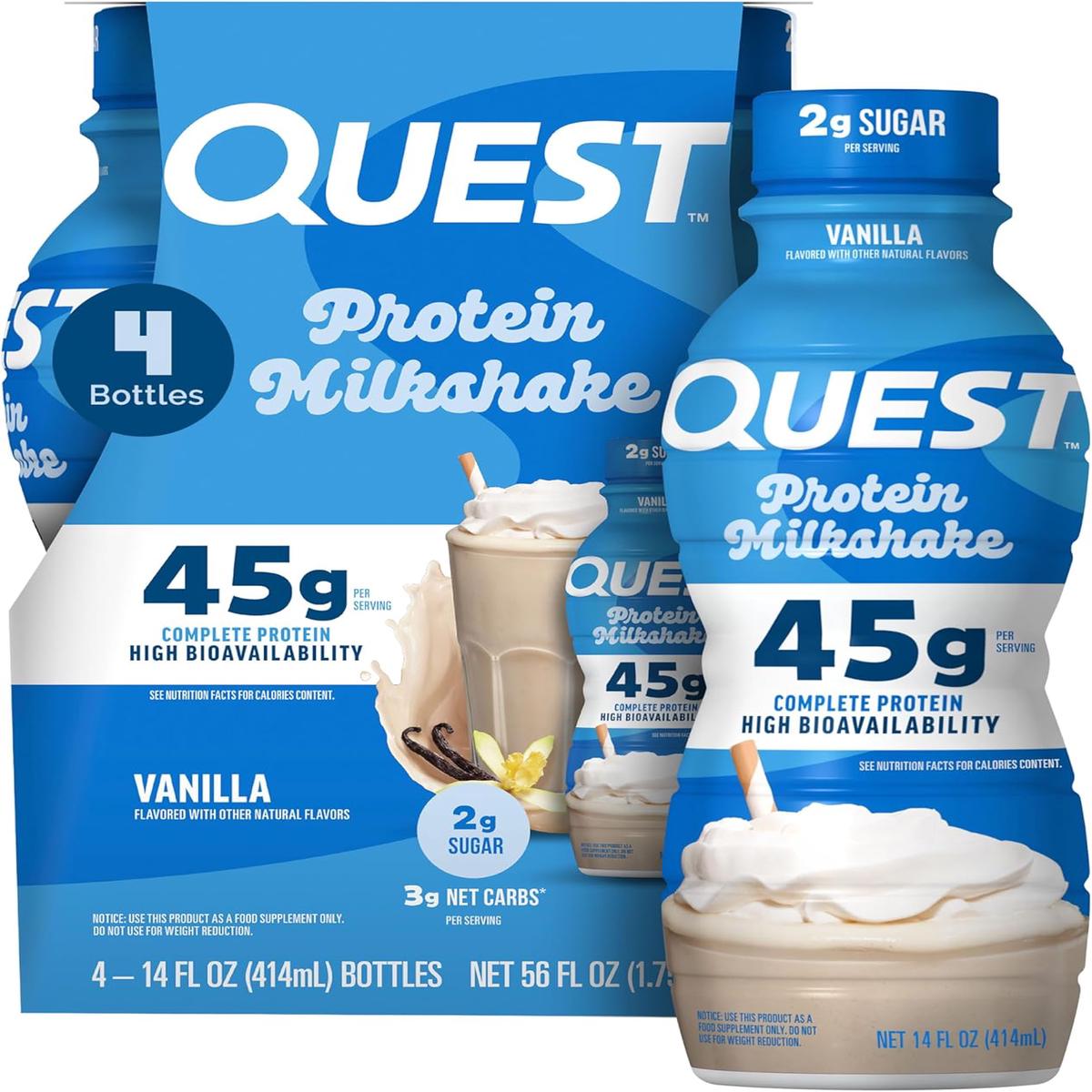 Quest Nutrition Chocolate Protein Shake, 45g Protein, 2g Sugar, 4g Net Carbs, Ready to Drink, Gluten Free, 12 Count – 14 Fl Oz (Pack of 4) | Vanilla