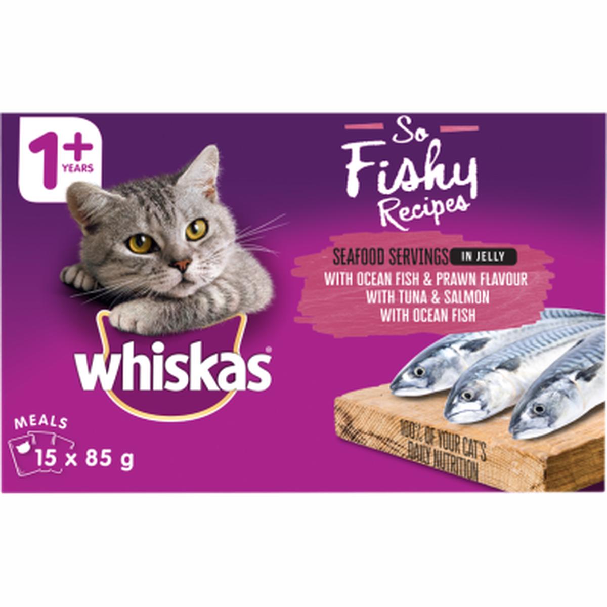 Whiskas So Fishy Recipes Seafood Servings In Jelly Wet Cat Food Pouches 15 x 85g