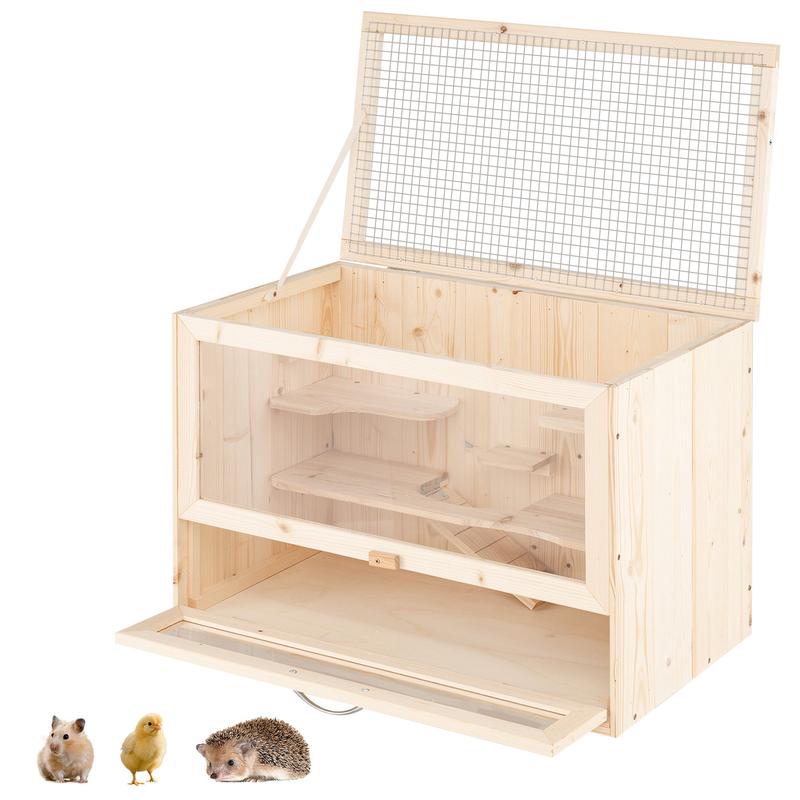 Wooden Hamster Cage with Mesh Flip Roof, Natural