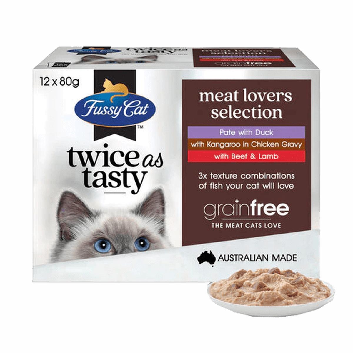 Fussy Cat – Twice as Tasty Meat Lovers Selection Cat Food Bags 80g x 12 (Contains three flavors)