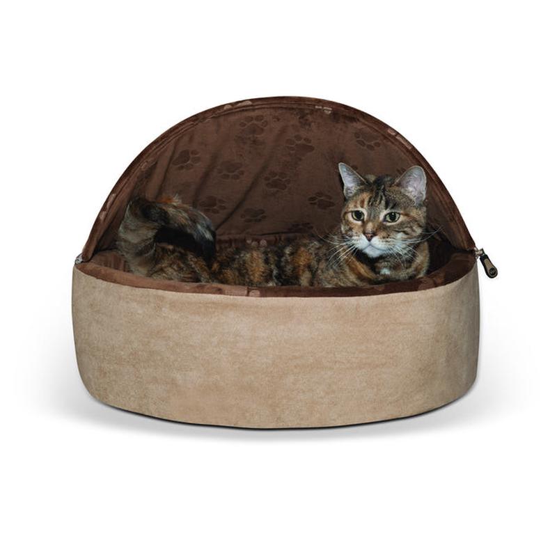 K&H Self Warming Hooded Bed – Chocolate/Tan