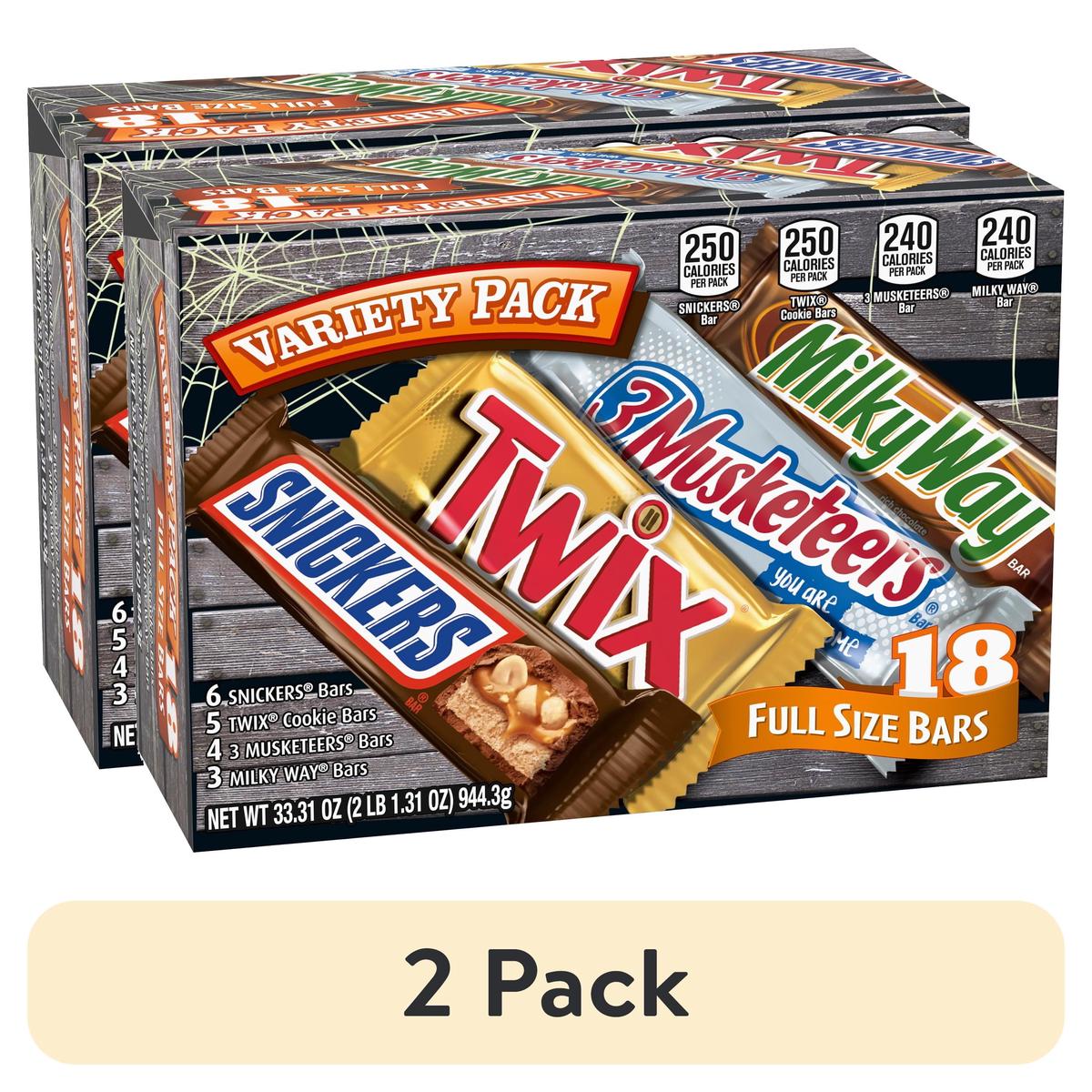 (2 pack) Snickers, Twix, Milky Way & 3 Musketeers Variety pack Halloween Milk Chocolate Candy Bars -18 Count Box - Fruity Variety Pack | 2 Pack