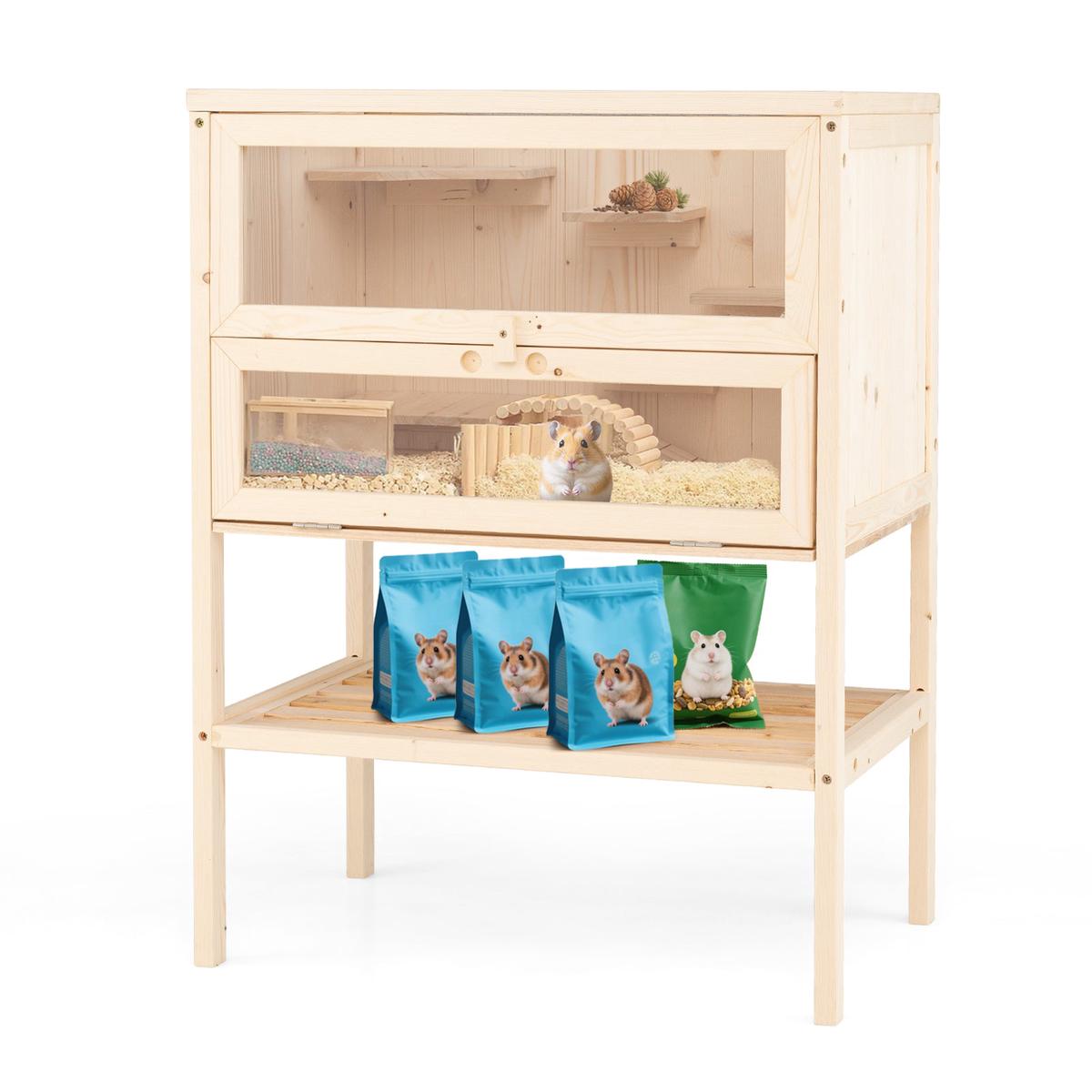 31.5 Inch Freestanding Hamster Cage, Wooden Habitat Playpen, Natural - Natural