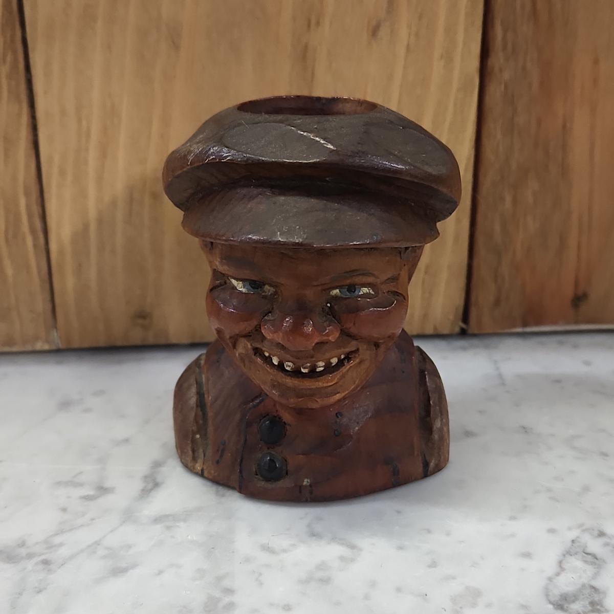 WOOD CARVED MAN WITH A HAT TOOTHPICK HOLDER