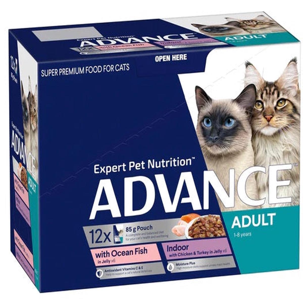 ADVANCE CAT WET POUCH ADULT OCEAN FISH & INDOOR CHICKEN & TURKEY IN JELLY 85Gx12