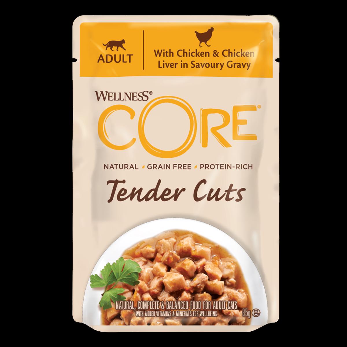 Wellness Core Tender Cuts Chicken & Chicken Liver in gravy Pouches, 85g