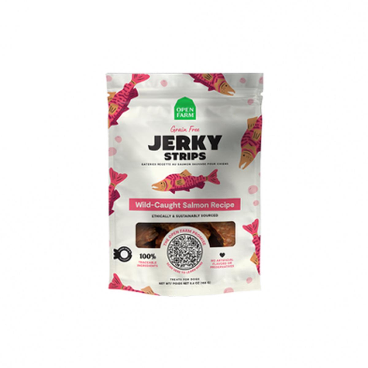 OPEN FARM GRAIN FREE JERKY STRIPS WILD-CAUGHT SALMON RECIPE DOG TREAT 5.6OZ