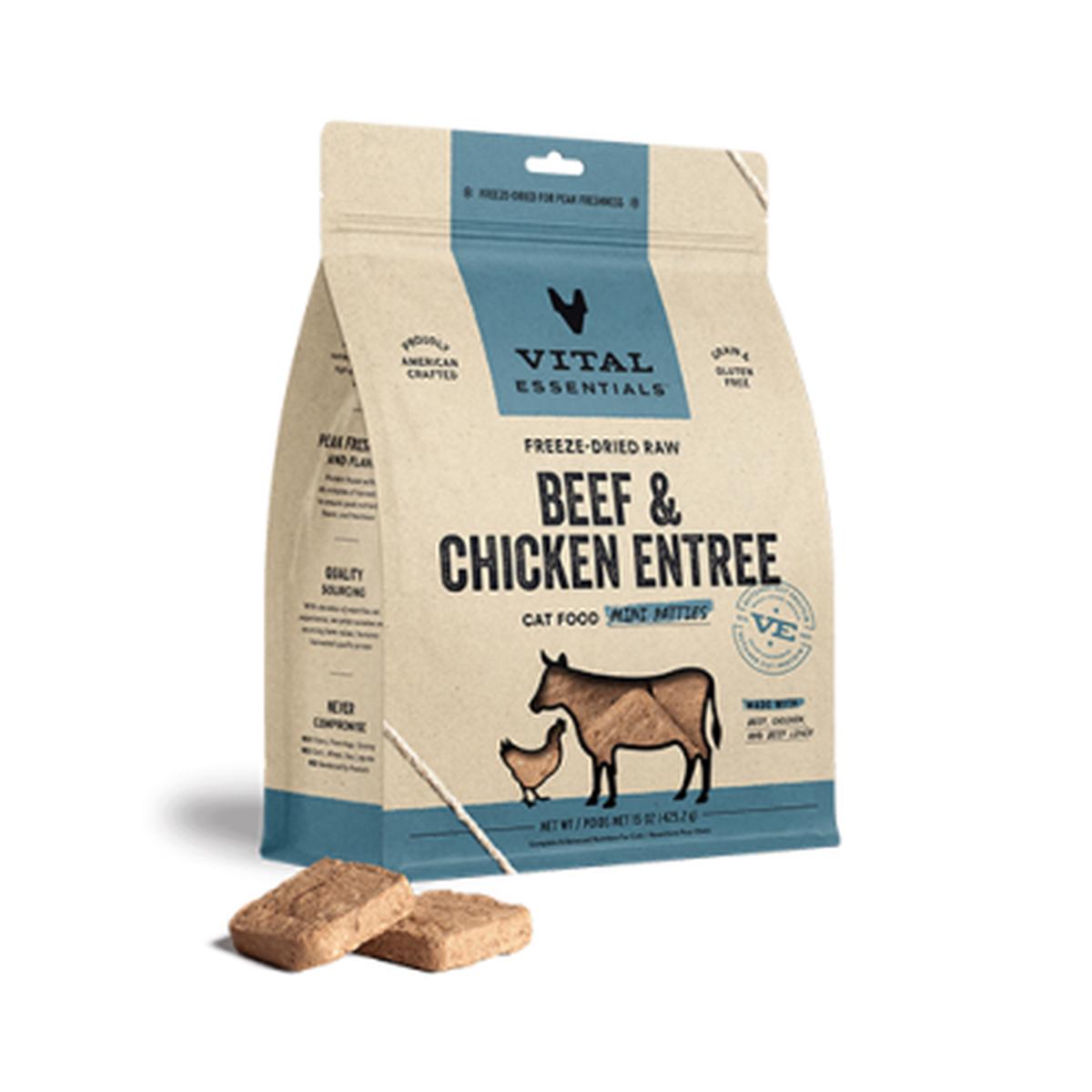 VITAL ESSENTIALS FREEZE-DRIED RAW BEEF & CHICKEN ENTREE MINI PATTIES CAT FOOD 15OZ
