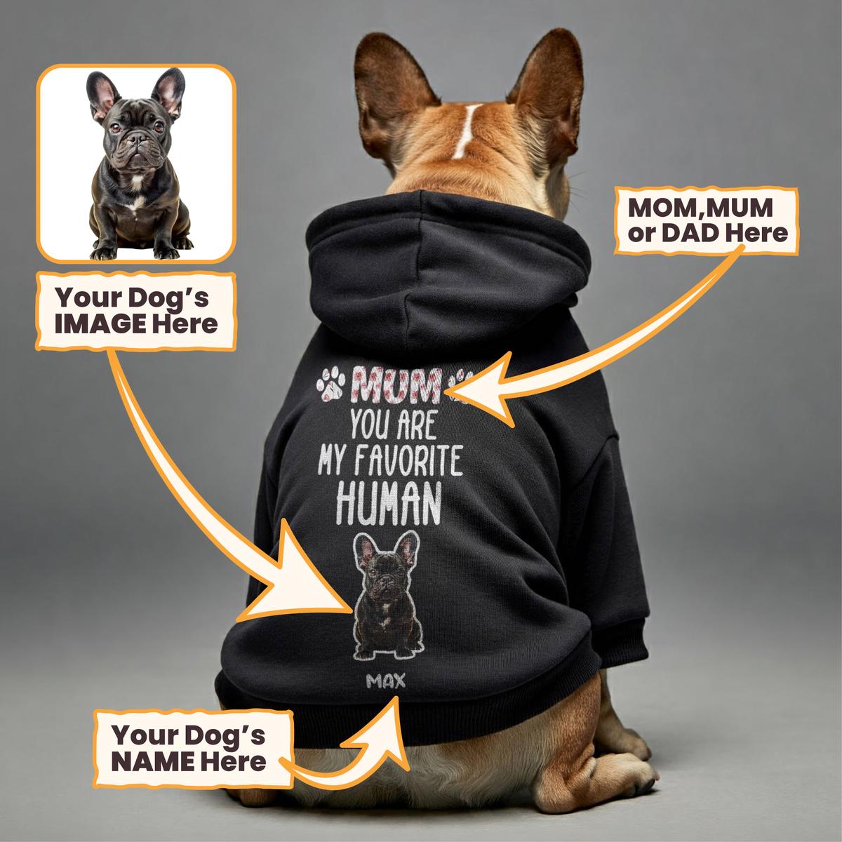 Favorite Human - Personalized hoodie with your dogs name, photo, and MOM, MUM, or DAD dog hoodie  dog clothes